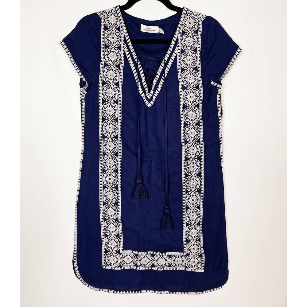 Vineyard Vines 2 Navy Blue White Lace Up Tunic Dress Cotton Linen Embroidered